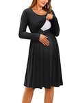 OUGES Womens Long Sleeve Solid Maternity Dresses Nursing Gown Breastfeeding Clothes(Black592,L)