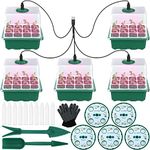 Seed Starter Tray With Grow Light, 5 Pack Greenhouse Mini Seeding Starter Kit with Adjustable Humidity Domes Covers Extra Large Gardening Plant Trays for Seeds Growing Starting (Green, 60 Cells Total)