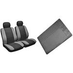 Sakura Merton Black/Grey Front Seat and Headrest Covers SS3633 – To Fit Most Cars, Elasticated Hems, Side Airbag Compatible, Machine Washable & Black Rubber Boot Mat SS5125 - Protects Your Vehicle