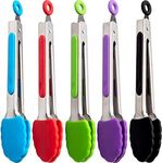 5 Pack Kitchen Silicone Small Tongs Set 7-Inch Mini Tongs Heavy Duty Colorful Stainless Steel Silicone Cooking Tongs with Non-Stick Silicone Tips for Food,Serving,BBQ,Salad,Grilling and More