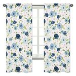 Sweet Jojo Designs Navy Blue and Pink Watercolor Floral Window Treatment Panels Curtains - Set of 2 - Blush, Green and White Shabby Chic Rose Flower