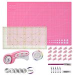 Rdutuok 45mm Rotary Cutter Set Quilting Kit, 5 Replacement Blades, A3 Cutting Mat(18X12"), Acrylic Ruler,Sewing Pins,Cushion,Craft Knife Set and Craft Clips - Ideal for Sewing,Crafting,Patchworking