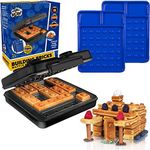 Building Brick Electric Waffle Maker- BLACK with 2 Construction Eating Plates- Cook Fun, Buildable Waffles or Pancakes in Minutes - Stack & Build Creations on Serving Dishes, Family Fun Activity Gift