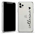 TULLUN Personalised Phone Case for iPhone 16 - Custom Vertical Name & Heart Design Crystal Clear Hybrid Shockproof TPU Bumper & Hard Back Plate Cover - Black Name