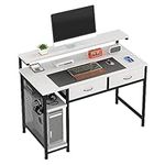 MUTUN 39" Computer Desk, Office Desk with Drawers, Home Office Desk with Adjustable Monitor Stand and Hook, Study Desk with Shelves, White