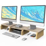 FENGE Dual Monitor Stand, 42.5 Inch Desktop Oraganizer Stand for 2 Monitors with Adjustable Length and Angle,Desktop Organizer with Eco Cork Legs for Computer,Laptop,Printer,TV,Oak