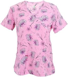 Green Town Women's Performance Stretch Mock Wrap Medical Scrub Tops, Pink Flowers, Medium