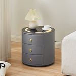 LEMROE Grey Round Bedside Table with Wireless Charging Station and adjustable LED Light, Glass Desktop Wireless Charging Station, Smart Bedside Table with 3 Drawers Bedroom Cabinet (1, Grey)