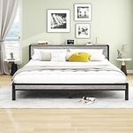 DUMEE King Size Bed Frame with Wood Storage Headboard, Metal Platform Bed Frame King Size, No Box Spring Needed, Noise Free, Black & Grey Oak