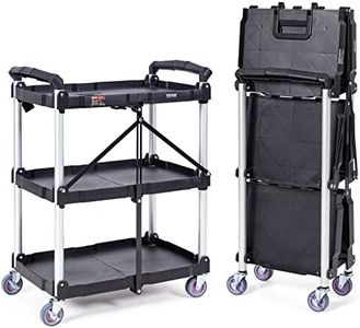 VEVOR Foldable Utility Service Cart, 3 Shelf 165LBS Heavy Duty Plastic Rolling Cart with Lockable Wheels, Ergonomic Handle, Portable Garage Tool Cart for Warehouse/Office/Home(25.62"x15.43"x32.76")