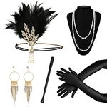 1920 Accessories Set, 5pcs Great Gatsby Accessories with Headband Earrings Pearl Necklace Gloves Handheld Props, 1920s Flapper Costume Vintage Accessories for Women Girl