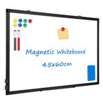 QUEENLINK Magnetic Whiteboard, 45 X 60 cm Double Sides Black Aluminium Frame, Dry Erase White Board for Wall, Home Office School with Pen Tray