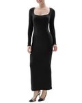 SHAPERX Women's Long Sleeve Dress Soft Lounge Ribbed Square Neck Bodycon Maxi Dresses, UK-SZ5280-Black-M