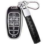 Teenpull for Hyundai Key Fob Cover 7 Button with Leather Keychain Soft TPU 360 Degree Protection Car Key Case Shell Holder Fits for 2024 2023 2022 2021 2020 Hyundai Sonata Santa fe Tucson (Black)