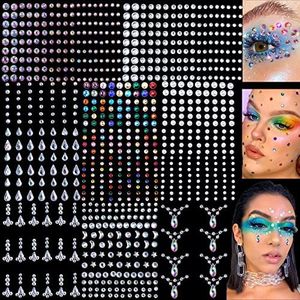 8 Sheets Face Gems Jewels for Makeup 20 Colors Rhinestones Hair Pearls Eye Gems Stick On, Body Jewels Nail Art Festival Party Rave Accessories for Women