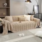 HOKIPO Luxury Waxy Faux Rabbit Plush Sofa Throw, Fluffy Sofa Cover for 1 Seater Sofa, 180(D) x 190(L) cm, Beige (AR-5079-BGE)