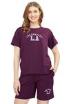 ZEYO Women's Cotton Purple Typography Printed Night Suit Set of Top & Shorts