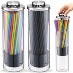 2 Pcs Straw Dispenser Clear Straw Holder for Counter Straw Container with Stainless Steel Lid Transparent Straw Lid Organizer Drinking Straw Holder Dispenser, Drinking Straws (Colorful, Glass)