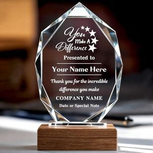 Custom Crystal Trophy Award with Wood Base, Personalized Engraved Text and Logo on Glass Plaque, Appreciation Gift for Employees, Boss, Manager, Retirement, Sports Recognition (You Make A Difference)