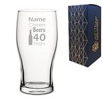 Personalised Engraved Novelty Pint Glass with Cheers and Beers Design, Gift Boxed, Personalise with any Name and Age