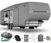 5th Wheel RV Cover 37' - 41', 7 Layers Top Durable Non-Woven with Cotton Fifth Wheel Camper Tarp Anti-Scratch Breathable RV Motorhome Covers Gray with 2 Extra Windproof Straps, 6 Gutter Covers