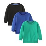 AMMENGBEI Toddler Boys 3 Pack Cotton Crewneck Sweatshirt,Baby Solid Long Sleeve Pullover Tops(1-2T,3 Pack-Black+Blue+Green)