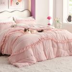 Bedsure Twin/Twin XL Comforter Set - Pink Ruffle Comforter, Twin Bedding Sets for Girls, Shabby Chic Dorm Bedding Set, 2 Pieces Lightweight Fluffy Soft Bed Set, Includes 1 Pillow Sham