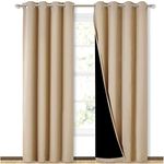 BFAM premium full blackout curtain -100% blackout curtain for bedroom with black liner, grommet double layer full room darkening, noice reducing,polyster, set of 2 (BEIGE, 7 FT LONG)