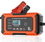 8A Car Battery Charger, 12V 8Amp Automatic Smart Charger Monitor Battery with LCD Screen Temperature Compensation, Intelligent Charges, Repairs, Maintains Car Motorcycle Boat Mower Battery