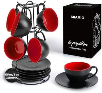 MIAMIO - Set of 6, Ceramic Stackable Cappuccino Cups Set / 175 ml Cappuccino Mugs and Saucer with Metal Stand for Coffee Drinks, Cappuccino, Latte, Americano and Tea - Le Papillon Collection (Red)