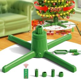 COOLWUFAN 360-Dgree Rotating Christmas Tree Stand for Up to 9ft & 120lb Artificial Trees, 𝟒 Built-in Power Outlets Base with Remote Control, Sturdy Revolving Holder for 7.5ft Xmas Tree, Green