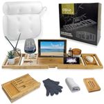 Olive Falls EXTENDABLE & FOLDABLE Bath Tray & LUXURY PILLOW & Extra Trays. Bundle also Includes: Soap Tray, Soft Bamboo Face Cloth Exfoliating Gloves & Extra Non-Slip Pads