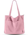 Prite Corduroy Tote Bag for Women Large Shoulder Bag with Zipper and Pockets for College Work Travel Shopping(Pink)