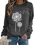 Womens Dandelion Sweatshirt Casual Crewneck Loose Pullover Tops Long Sleeve Graphic Tee Shirt, Dark Grey, Medium