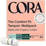 Cora 100% Organic Cotton Non-Applicator Tampons | Ultra-Absorbent, Unscented, Natural, Non-Toxic, Applicator Free | Eco-Conscious (54 R/S/S+ Tampons)