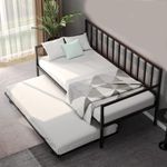 KOMFOTT Twin Daybed with Trundle, Metal Bed Frame with Trundle, Daybed & Trundle Frame Set with Wheels & Metal Slat Support, No Box Spring Needed Sofa Bed Frame for Living Room Guest Room