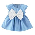 Hopscotch Girls Denim Knee-Length Casual Dress With Oversized Bow In Blue Color For Ages 9-12 Months