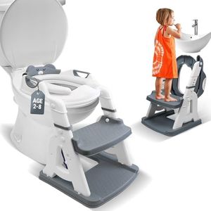 BAMBINAO 2-in-1 Potty Training Seat: Kids Potty Training Toilet, Toddler Step Stool for Boys Girls! Toddler Toilet Seat with Splash Guard, Anti Slip Pad & 5 Levels Height Adjustable! (Gray)
