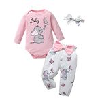 Joureker Newborn Baby Girl Clothes Sets Long Sleeve Elephant Animal Pattern Printed Romper + Pants 3Pcs Outfits, Pink, 0-3 Months