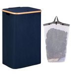 Laundry Bag Basket 100L with Bamboo Handle and Lid, Foldable, Large Size, Clothes Basket Organizer, with cloth Inner Bag - Blue