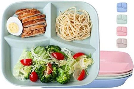 Juego de 4 Platos Irrompibles Plastico Divididos en 3 para Dieta Platos de Control de Porciones para Adultos, Reutilizable, sin BPA 22 x 25 cm, Camping Bandejas,Apto para Microondas y Lavavajillas
