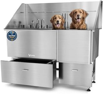 KANIS Professional Stainless Steel Dog Bathing Station - Grooming Tub w/Ramp, Storage Drawer, Floor Grate & Faucet/Dog Bathtub for Large, Medium & Small Pets (61", Right RAMP - 2 Drawers)