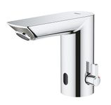 GROHE Bau Cosmopolitan E - Infrared Sensor Touchless Basin Mixer Tap with Mixing Device (Water Saving Technology, Battery Powered, 7 Pre-Set Programs, Tails 3/8 Inch), Size 123 mm, Chrome, 36451000