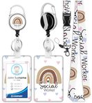 Plifal ID Badge Holder with Lanyard and Retractable Social Worker Badge Reel Belt Clip, Boho Rainbow Leopard Keychain Lanyards Clip On Badge Extender Vertical ID Sleeve for Women Men