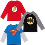 DC Comics Justice League Batman Superman The Flash 3 Pack Hangdown Long Sleeve T-Shirts Toddler to Big Kid, Red/Black/Blue, 4T