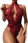 OYOANGLE Women's Floral Lace Cut Out Babydoll Halter Teddy Bodysuit Lingerie Burgundy Small