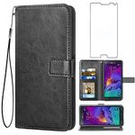 Asuwish Compatible with Samsung Galaxy Note 4 Wallet Case Tempered Glass Screen Protector and Leather Flip Cover Card Holder Phone Cases for Glaxay Note4 Gaxaly N910A Not Notes Four Women Men Black