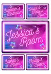 Bedroom Decor Name Signs - Custom Personalised Neon Style Metal Plaque for Children, Kids, Boys & Girls Home Decor, Nursery, Playroom Door (Girls Violet Patterned)