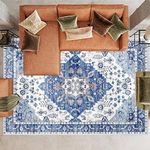 Vamcheer Vintage Washable Rugs for Living Room - Classic Soft Faux Short Pile Area Rugs for Bedroom Dining Room Traditional Carpet for Office Non Slip Non Shedding Large Blue Rug, 200x300CM