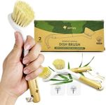 Dish Brush with Handle Made from Bamboo Pack of 2 - Plastic-Free Sisal Bristles Kitchen Scrub Brush for Dishes - Natural Dish Scrubber Brush Set - Odor Free Pots, Pans and Sink Brush for Dishes